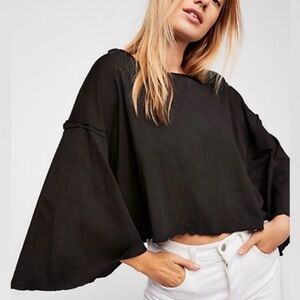 Free People🐦‍⬛Bird Gang Tee Cropped Oversized Small BLACK 3/4 Sleeves